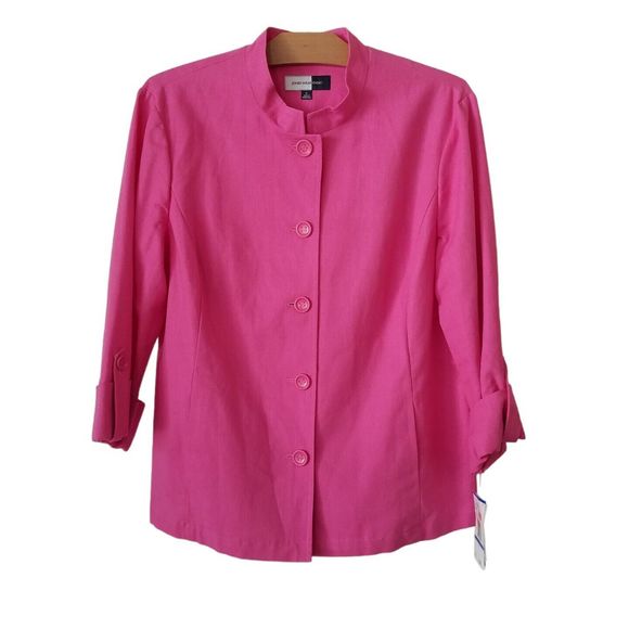 Vtg Jones Wear Studio Womens XL Linen Blend Blazer Roll Tab Sleeve Barbie Pink - Picture 1 of 9